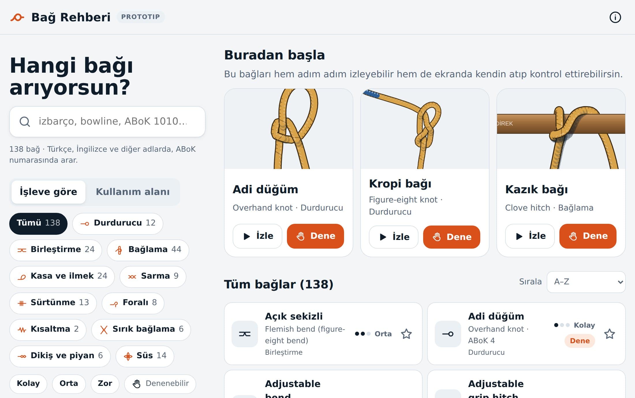 Bağ Rehberi prototipi: 138 bağlık arama ve işlev süzgeçleri; adi düğüm, kropi ve kazık bağı için İzle ve Dene düğmeleri.
