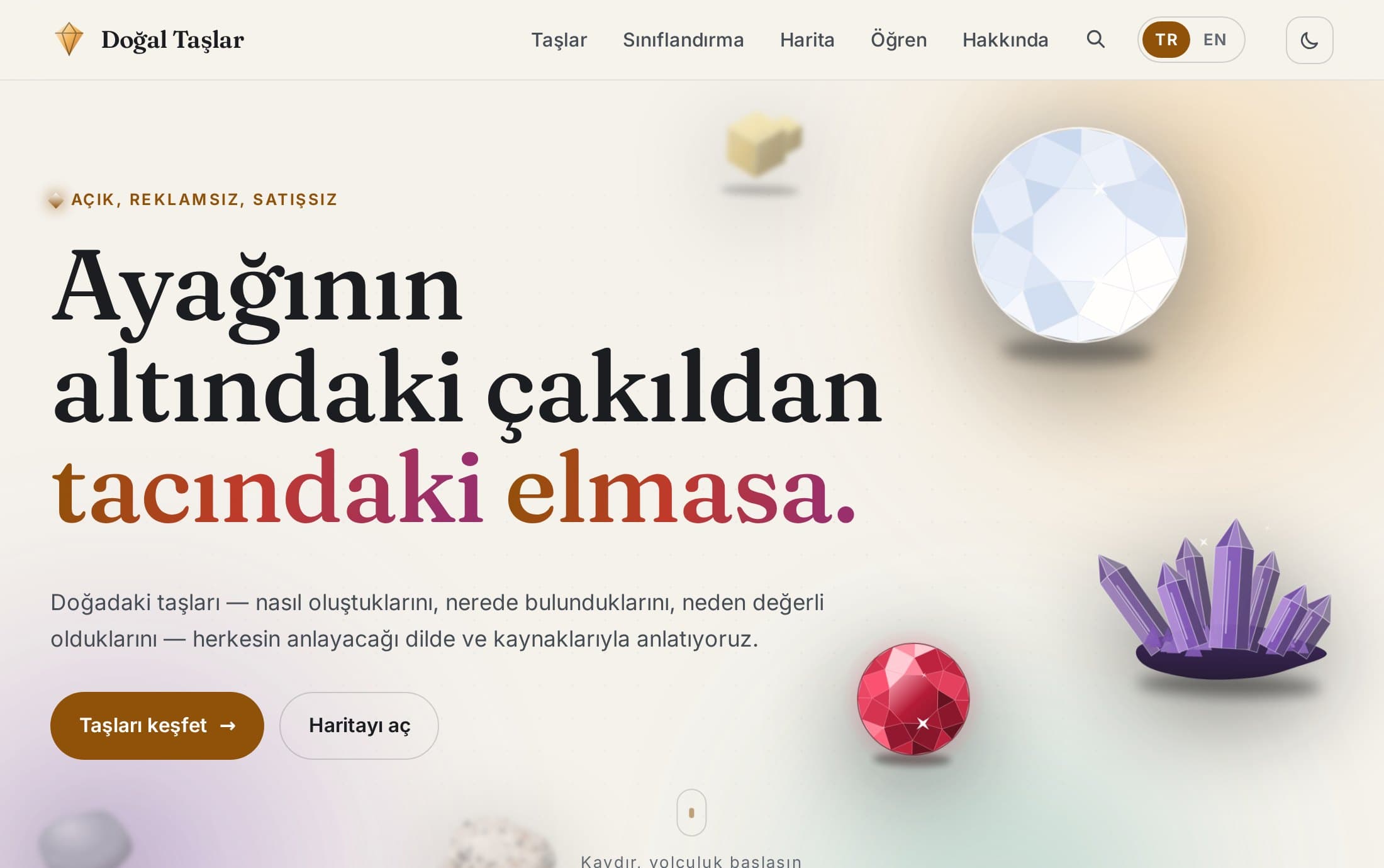 Doğal Taşlar'ın açılış ekranı: “Ayağının altındaki çakıldan tacındaki elmasa.” başlığı ve çizimle gösterilmiş elmas, yakut ve ametist.