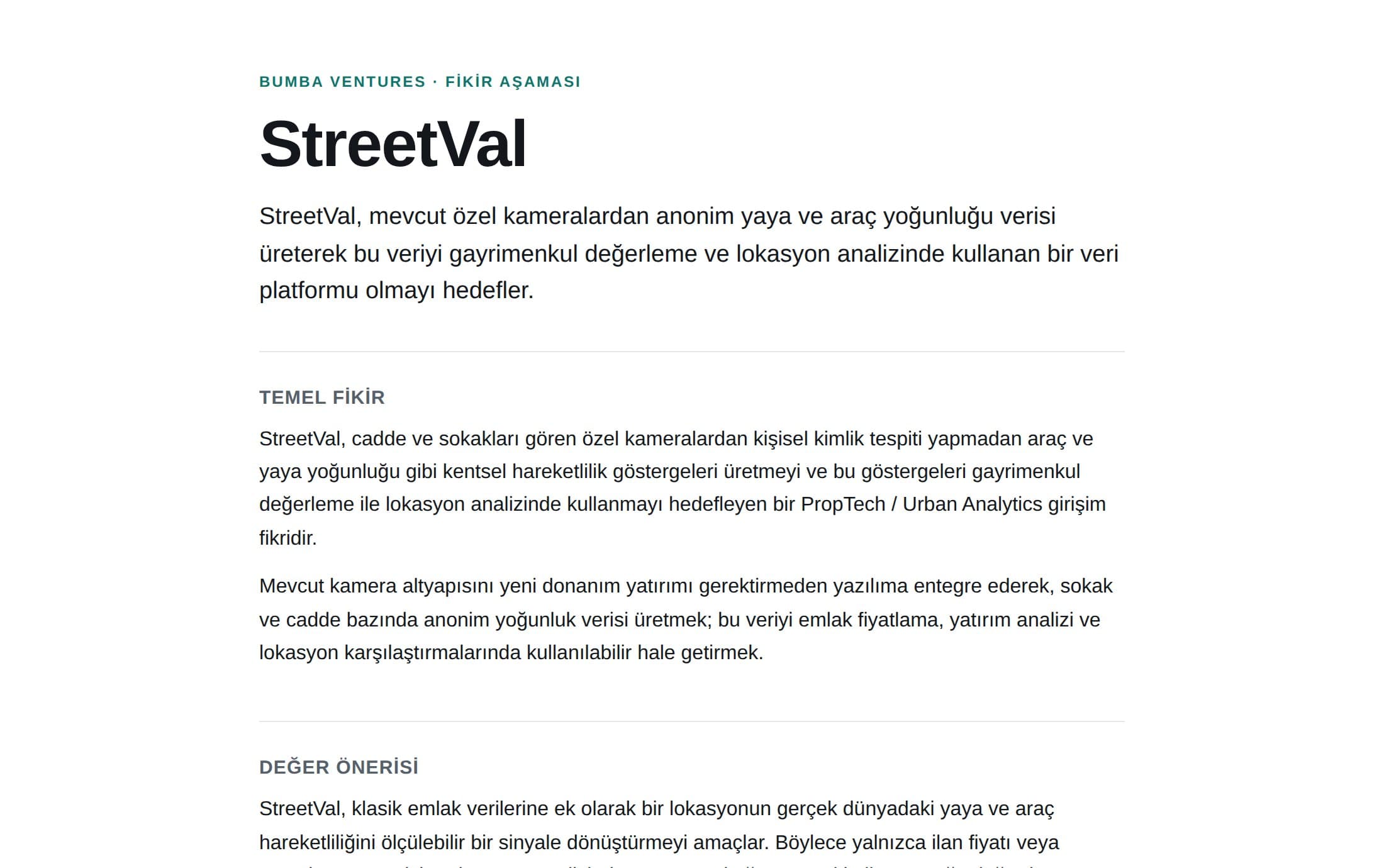 StreetVal: Fikrin özeti ve temel fikri anlatan, yayındaki tanıtım sayfası.
