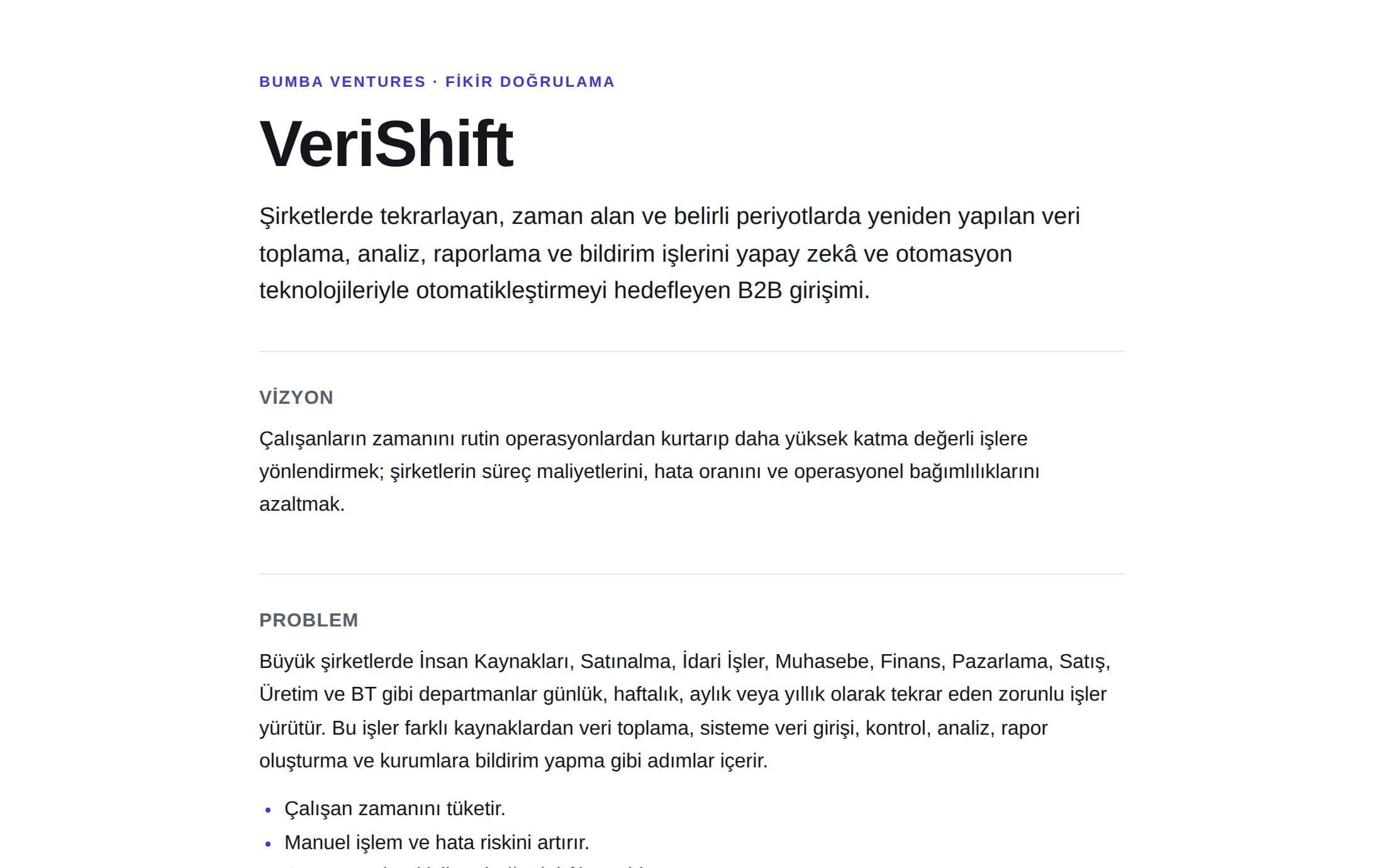 VeriShift: Vizyonu ve çözdüğü problemi anlatan, yayındaki tanıtım sayfası.